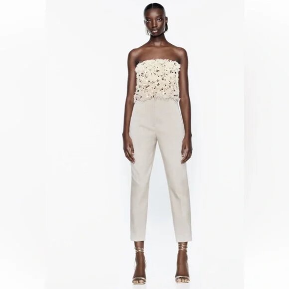 NWT Zara High Waisted Pants, Sand Beige, Size Medium - Picture 3 of 6